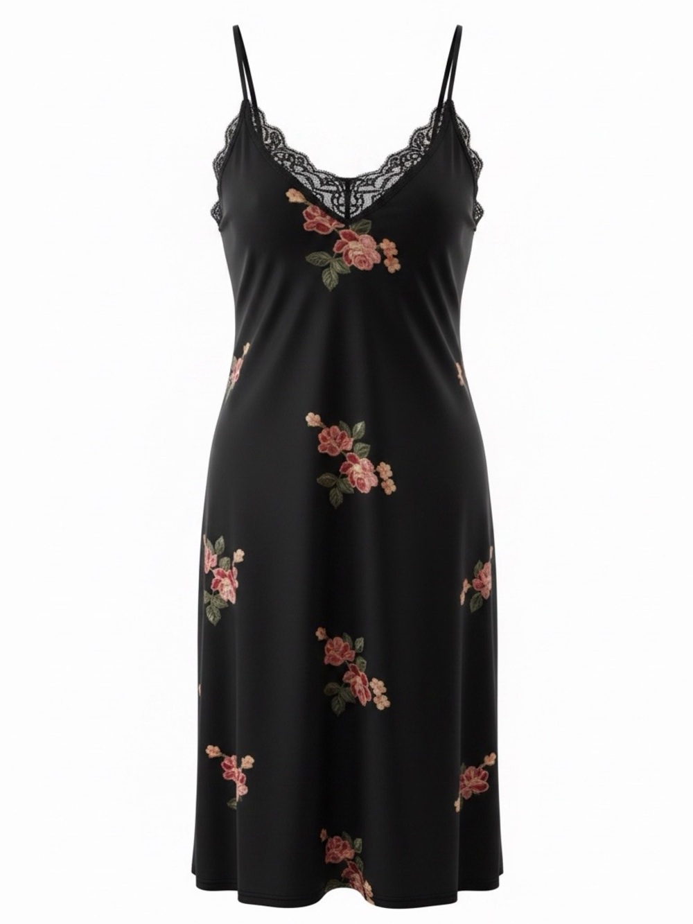 Floral Embroidered Black Midi Slip Dress
